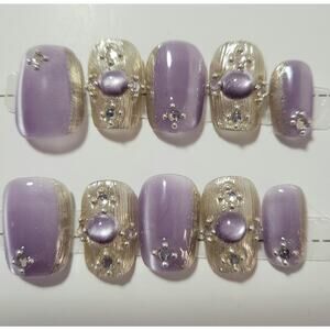 10 LUXURY PRESS on NAILS Lavender Purple w/Silver Bling- REUSEABLE Sz. Medium